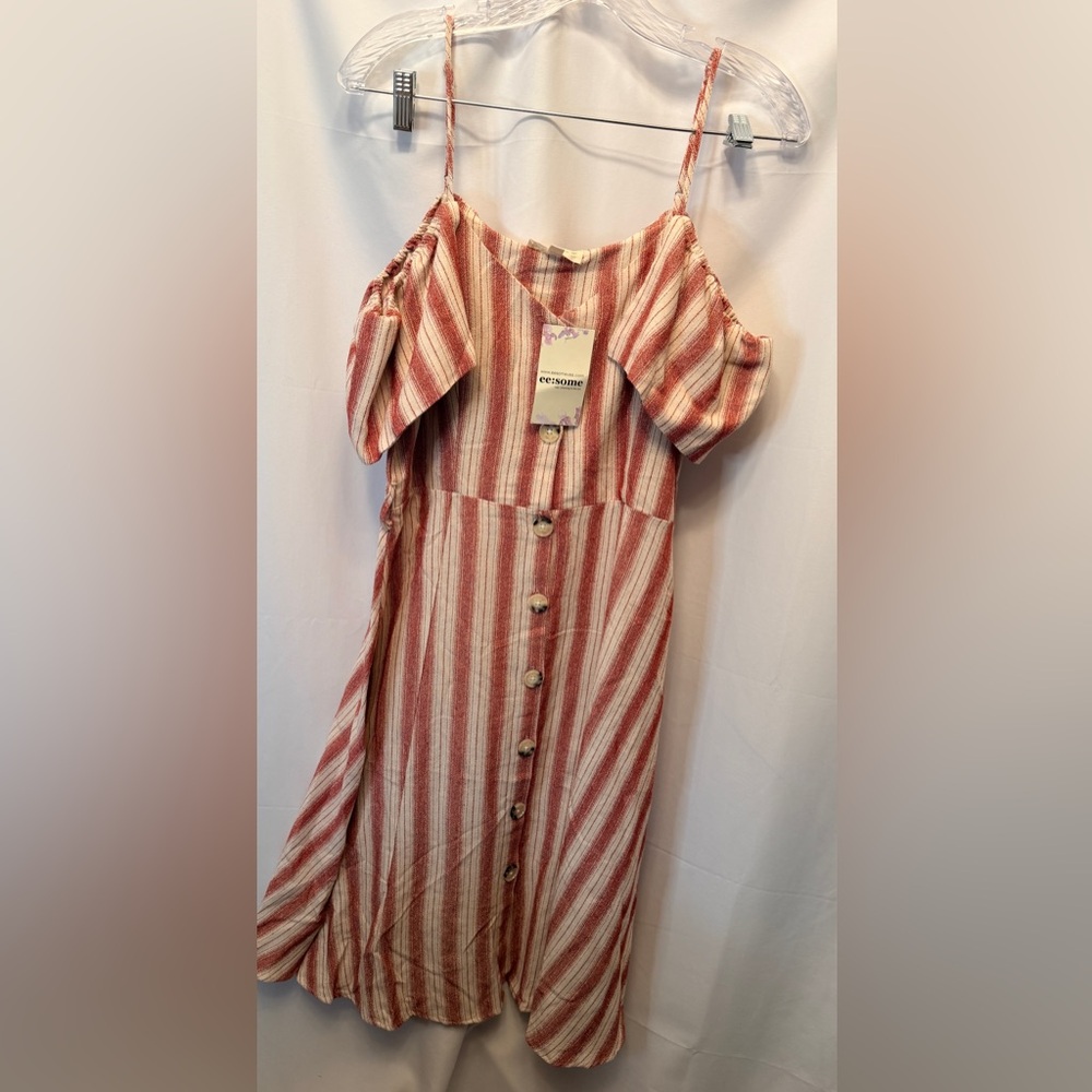 NWT ee:some Women’s Size Large Strappy Flutter Sleeve Midi Dress Red Ivory‎
